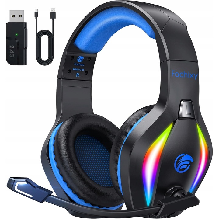 Vezeték nélküli PC fejhallgató 2.4G + Bluetooth mikrofonnal, 50 mm, LED világítás, ergonomikus, 50 óra üzemidő