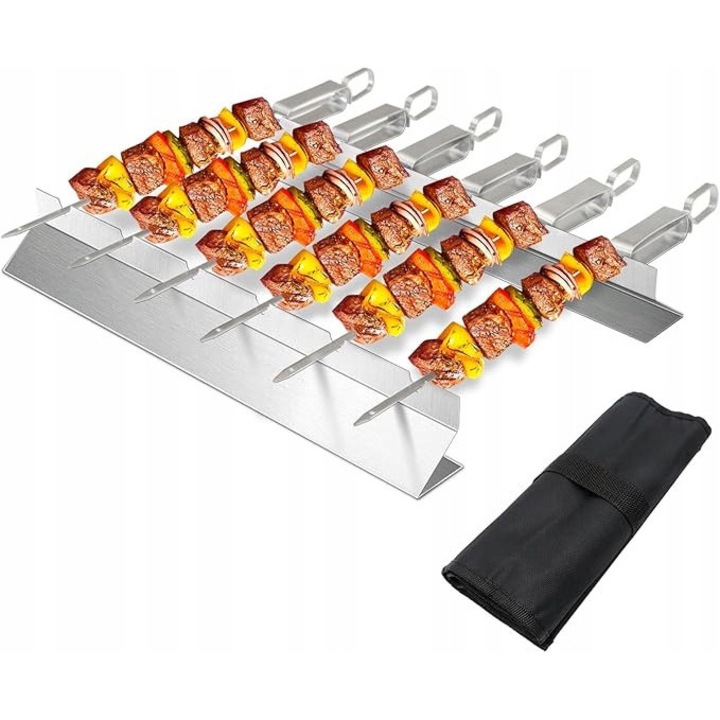 Set ustensile gratar, 6 spiculte din otel inoxidabil, suport si geanta, usor de curatat, 4 cm inaltime