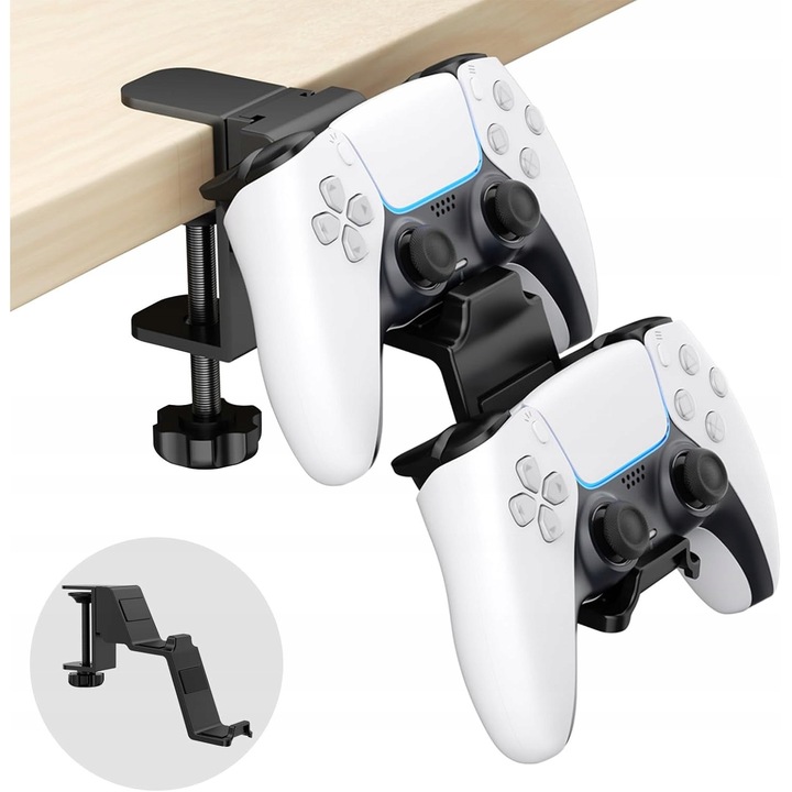 Suport birou pentru controlere gaming, negru, aluminiu si ABS, pentru 2 controlere