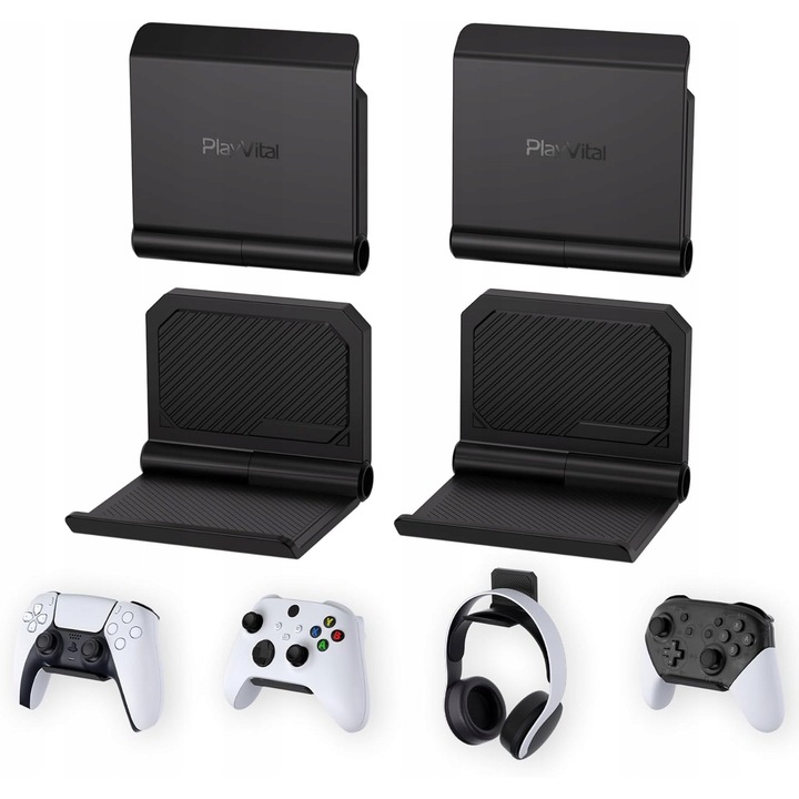 Fali tartó kontrollerekhez és gamer fejhallgatókhoz, 4 darabos szett, fekete, ABS anyag, 2 kg teherbírás
