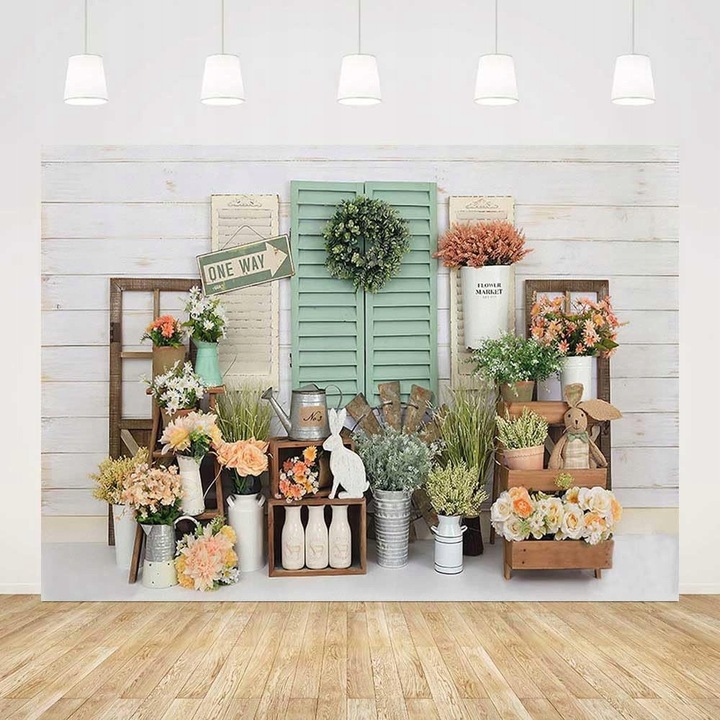 Tavaszi fotóháttér, nyuszik és virágok, 210x150cm, poliészter anyag, 1 db-os szett.