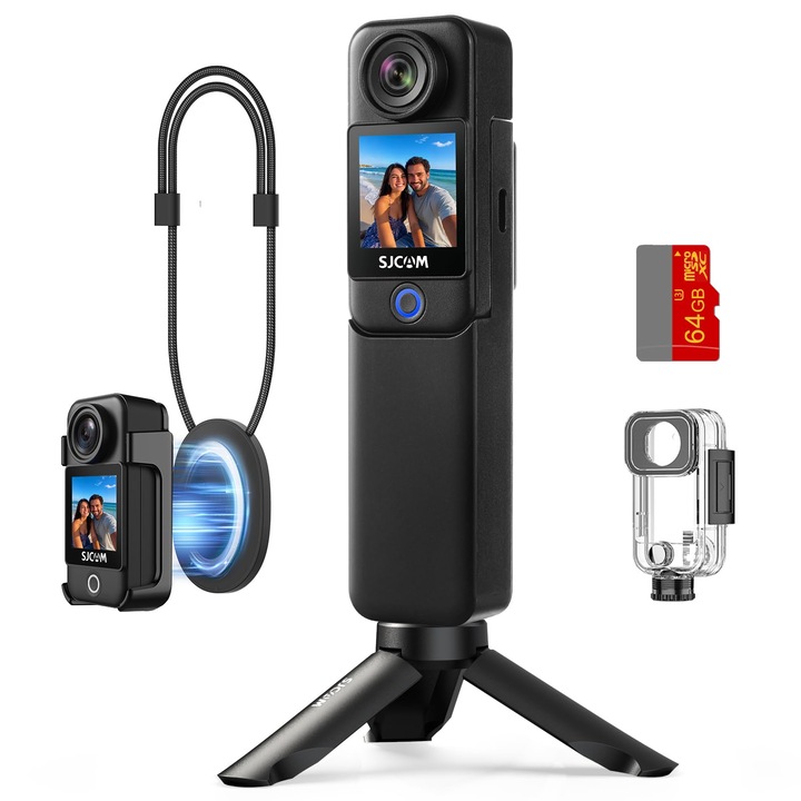 Camera Video Sport, SJCAM C300 Combo Vlogging, Camera Actiune 4K, Corp Magnetic si Design Detasabil de Mana, pentru Vlog-uri si Creatorii de Continut YouTube Live Streaming, 7 Ore Autonomie, Stabilizare, Etansa, Negru