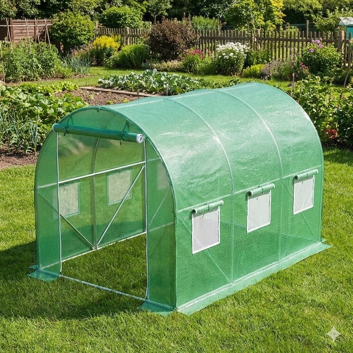 Tunel Foliowy 3x2x2m cu Moskitiera, Constructie Metalica, Folie PE 140g/m, Transparent + Verde, Set complet