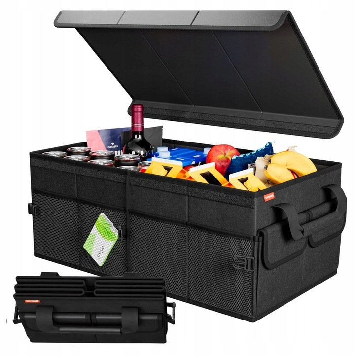 Összecsukható autós rendszerező fedéllel, 11 zsebbel, fekete, 55x35x27cm