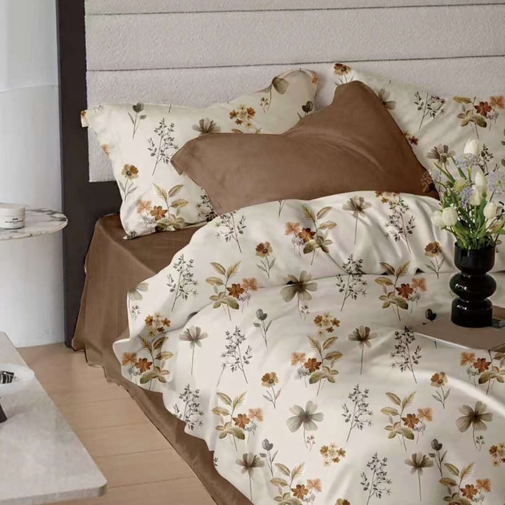 Lenjerie pat dublu Finet Bumbac 6 piese, Crem Deschis / Maro, 160x200 cm sau 180x200 cm