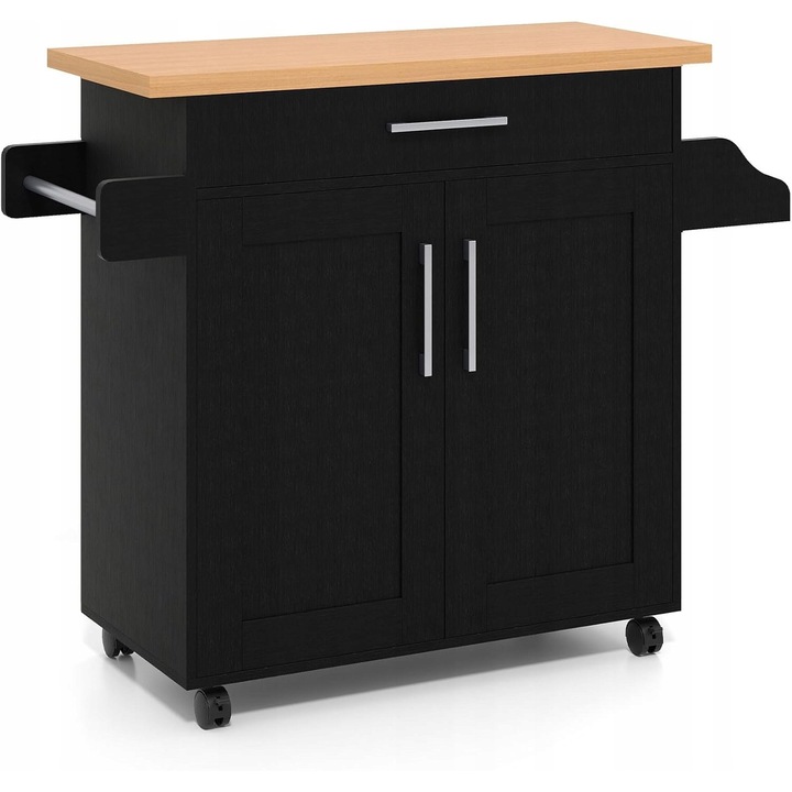 Carucior de bucatarie mobil, negru, 111x40x90cm, cu 4 roti, spatiu de depozitare mare, blatul de lucru 90x40cm