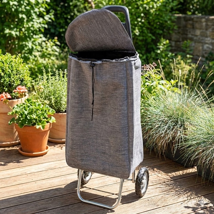 Carucior pentru cumparaturi, 30 l, capacitate 20 kg, gri, set cu geanta si buzunar cu fermoar