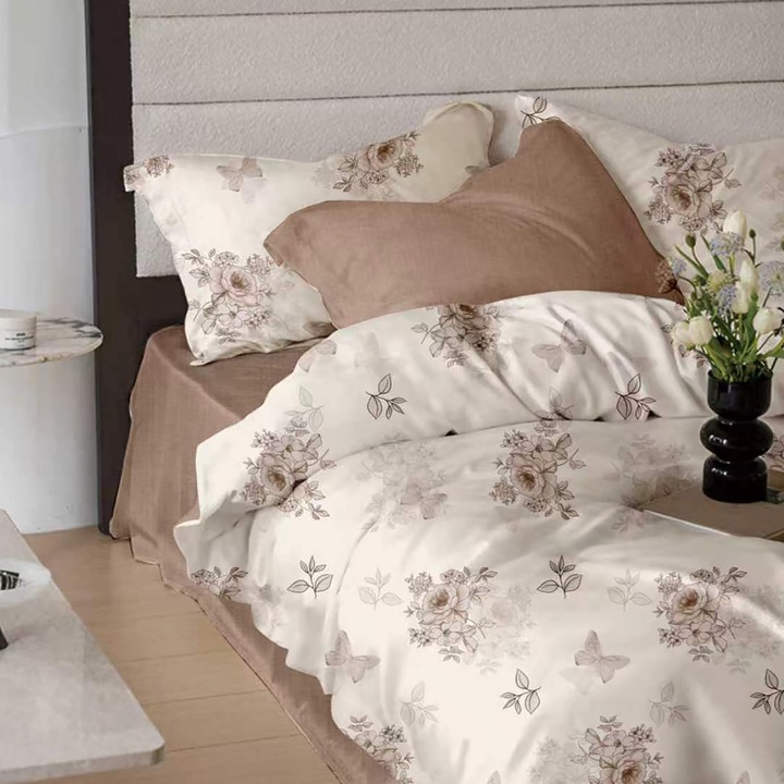 Lenjerie pat dublu Finet cu husa saltea 160x200/180x200 cm, 6 piese, Bej Cappucino, Ralex Pucioasa