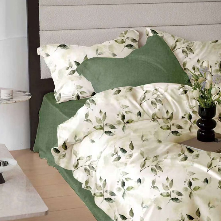 Lenjerie pat dublu Finet Bumbac 6 piese cu husa saltea 160x200 sau 180x200 cm, pilota 200x230 cm, 2 fete perna 50x70 si 70x70 cm, Crem Deschis / Verde, Ralex Pucioasa