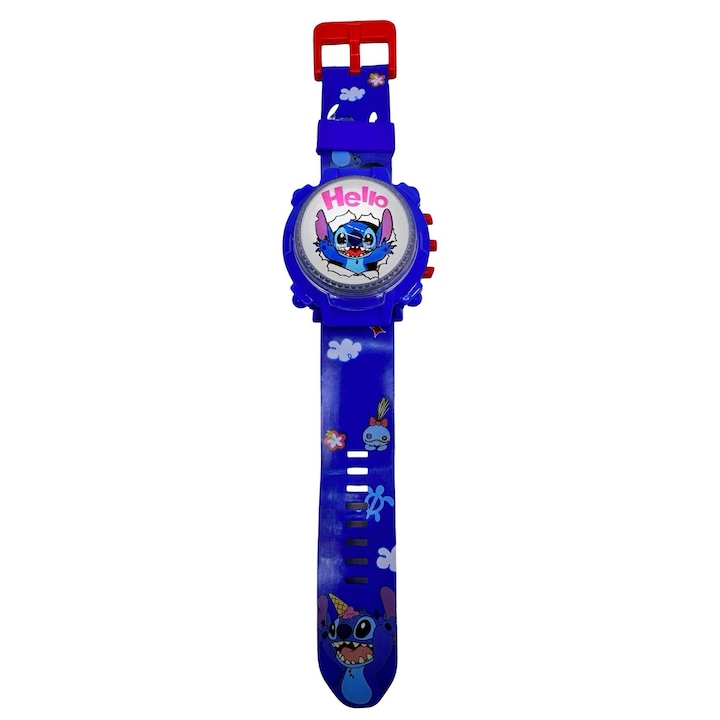 Ceas copii electronic cu capac rotitor Stitch albastru curea reglabila