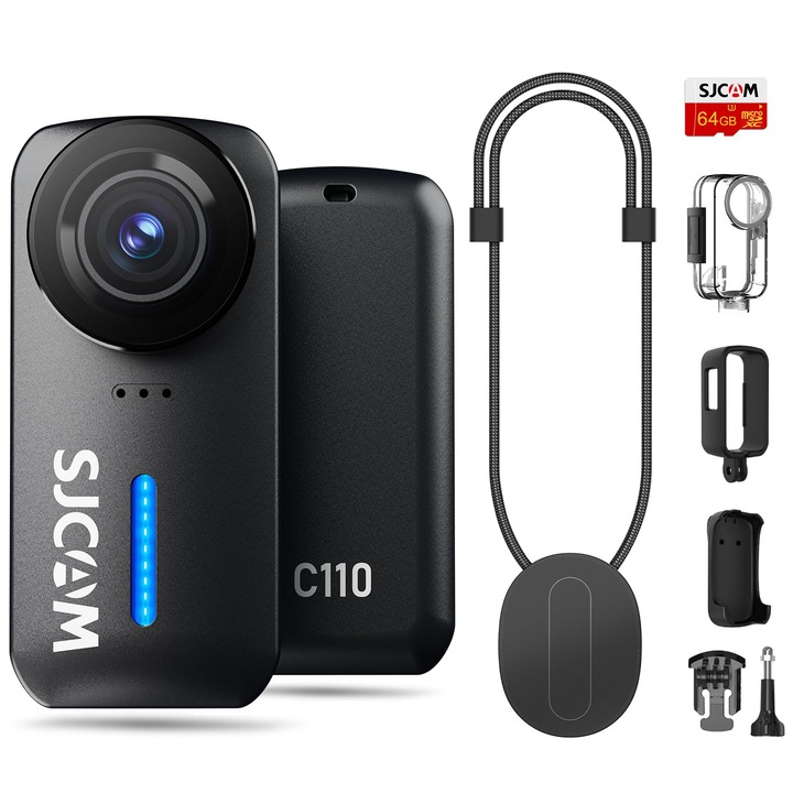Camera Video Sport, SJCAM C110 Camera Actiune Magnetica Tip Thumb, Camera Corp Mic pentru Vlogging si Animale de Companie, 4K Purtabila, Etansa pentru Sporturi (Ciclism/Mers pe Munte), Camera Sportiva Mini, cu Card 64G