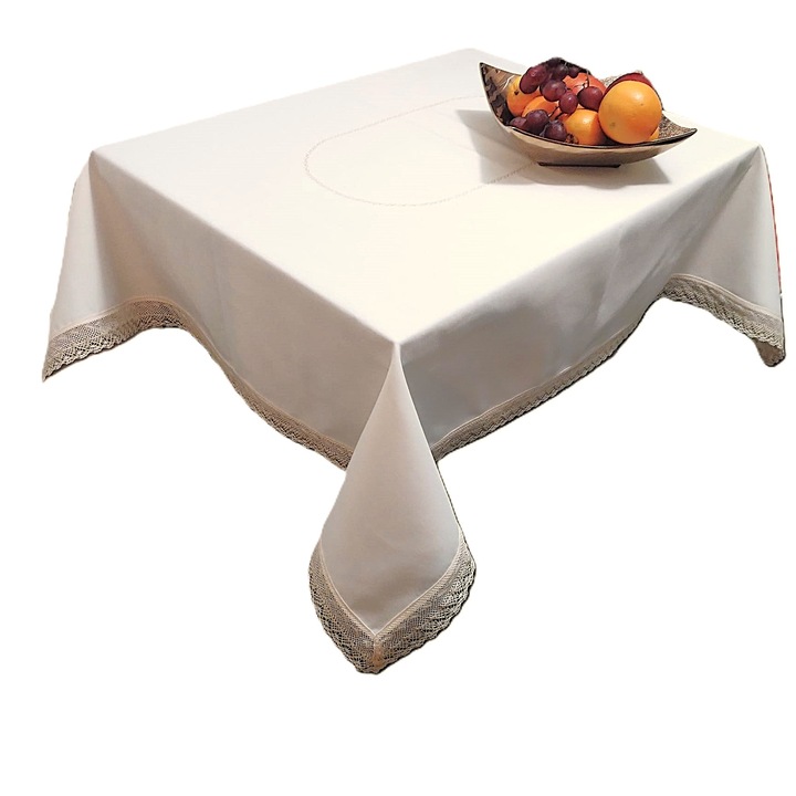 Fata de masa cu detaliu auriu brodat, anti-pata, impermeabila, 180 x 330 cm, Casa Bucuriei, model Luxury, crem deschis/auriu