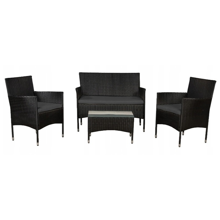 Set mobilier gradina, tehnorattan, masa cu blat din sticla, canapea, 3 perne, negru, dimensiuni: 71x39x41cm, 101x57x81cm, 57x57x81cm