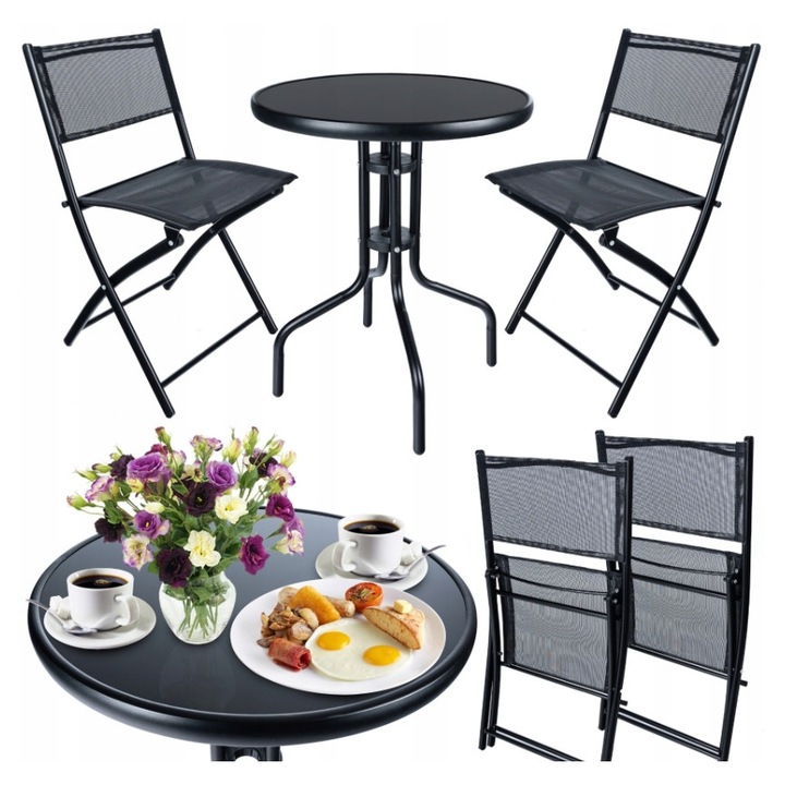Kerti bútorszett, 3 részes, fekete fém, 2 szék és asztal üveglappal