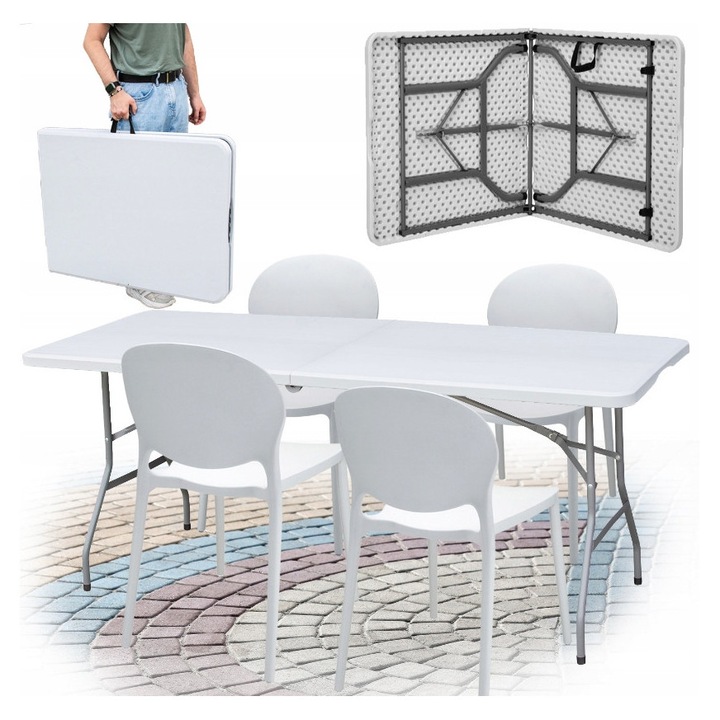 Kerti bútorgarnitúra, 5 részes, fehér, összecsukható asztal + 4 szék, műanyag