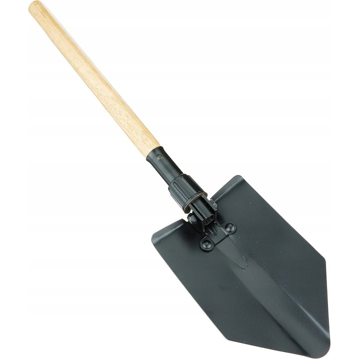 Lopata turistica pliabila, 61 cm, metalica, cu maner din lemn, negru-bej