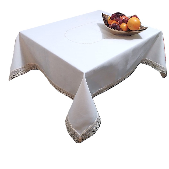 Fata de masa cu detaliu auriu brodat, anti-pata, impermeabila, 120 x 160 cm, Casa Bucuriei, model Luxury, alb/auriu
