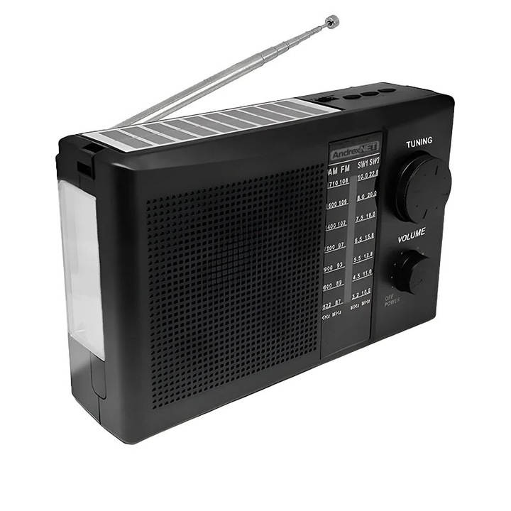 Radio portabil AndrexNET 5518S cu 4 benzi de receptie, Bluetooth, acumulator 18650 1200mAh, incarcare solara, USB sau 2 x baterii R20, negru