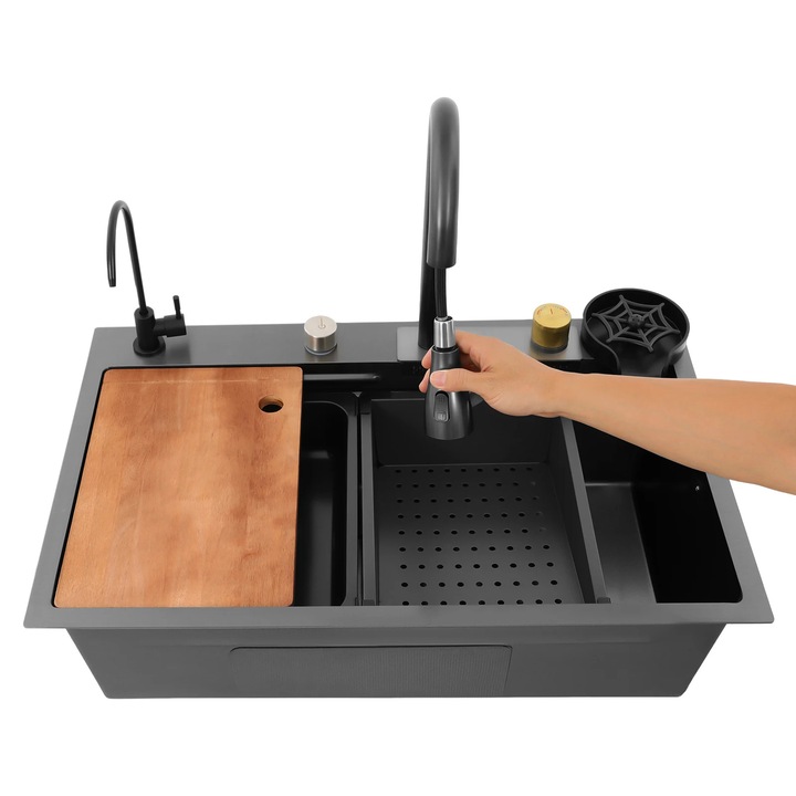 Chiuveta de bucatarie din inox, cuva unica 75×45×21 cm, baterie tip cascada, extensie 30 cm, tocator, spalator pahare, finisaj lucios, montaj pe blat sau la nivel, gri deschis