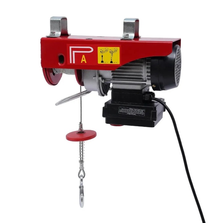 Palan electric/troliu electric, PA200, 220 V 510 W, 100/200 kg capacitate de ridicare, cablu de otel 12 m, telecomanda, priza UE, rosu