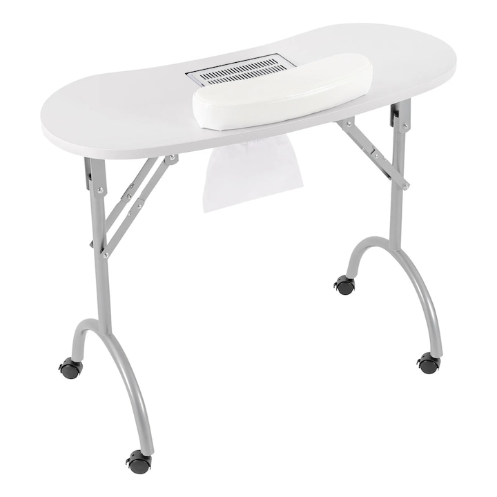 Masa de manichiura, Birou unghii salon, Cu ventilator, Pliabila, Portabila, Cu geanta de transport, Necesita asamblare, Alb