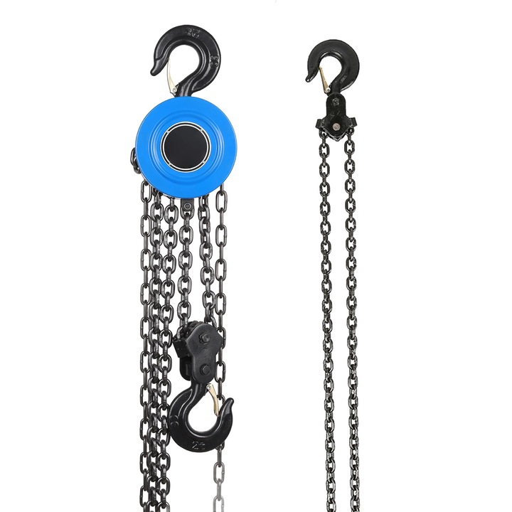Palan cu lant, Bloc cu lant manual, 2 t capacitate, lant 6 mm, cu carlig, albastru