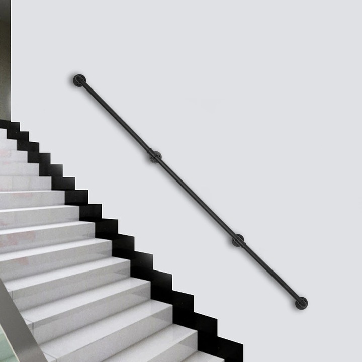 Mana Curenta Pentru Scara, Teava Industriala Montaj Pe Perete, Lungime 366 cm, Din Fonta, Interior/Exterior, Antiderapanta, Colturi Rotunjite, Negru