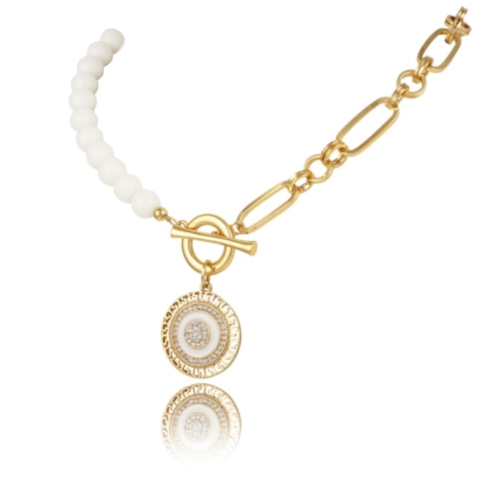 Colier Colibra, agat, cristale Preciosa, alb/auriu, 43x0,8-1,0cm