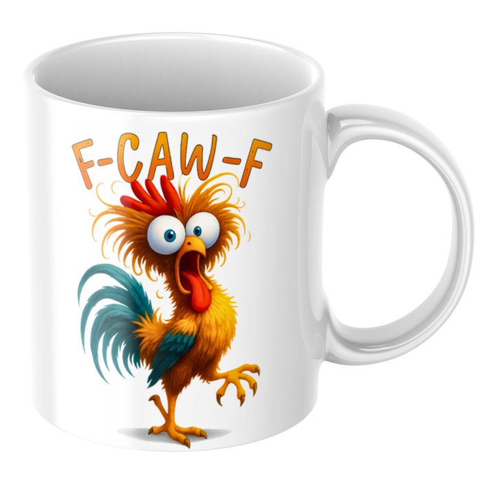 Cana amuzanta - F-Caw-F, cu cocos haios, simpatic, cu expresie amuzanta, design cartoon, cadou funny pentru orice ocazie, ceramica, 330ml, alba