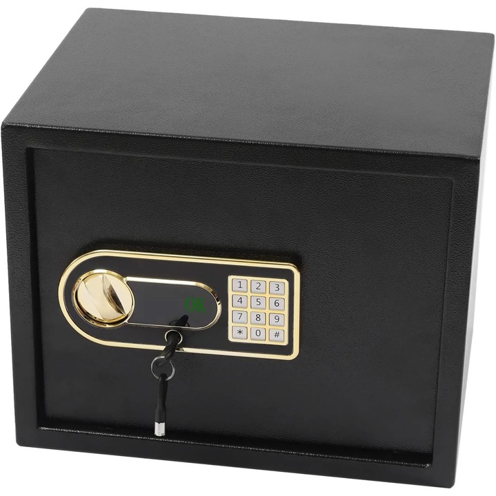 Seif electronic / cutie de valori, Montaj pe perete, Capacitate 30 l, Otel, Cheie de urgenta, Punga pentru documente ignifuga, Acasa & birou, Negru