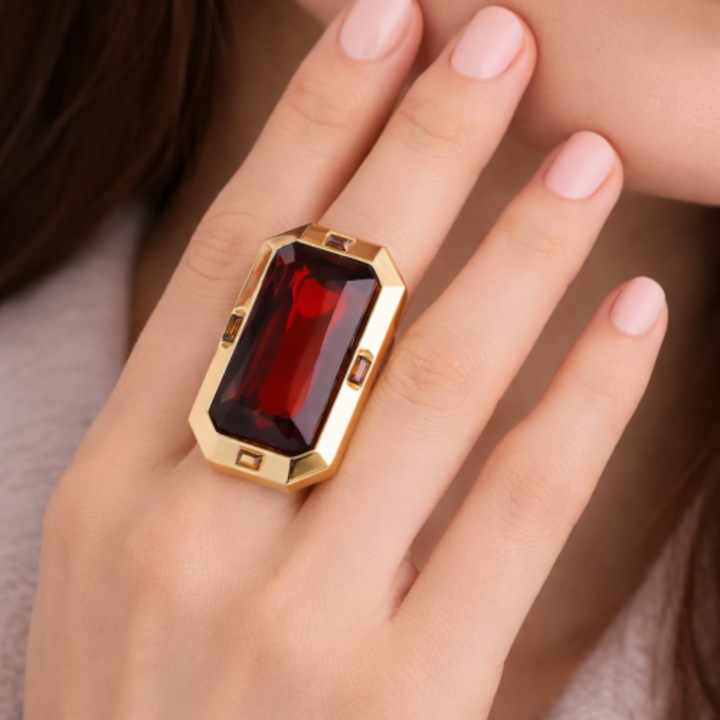 Inel reglabil, COLIBRA, cu piatra mare si cristale Preciosa, auriu, 3,5x2,5cm