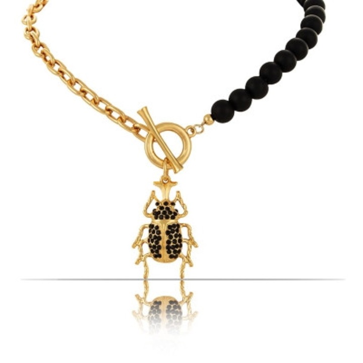 Colier Colibra, model Beetle Brilliance, onix, 44cm, decorat cu cristale Preciosa