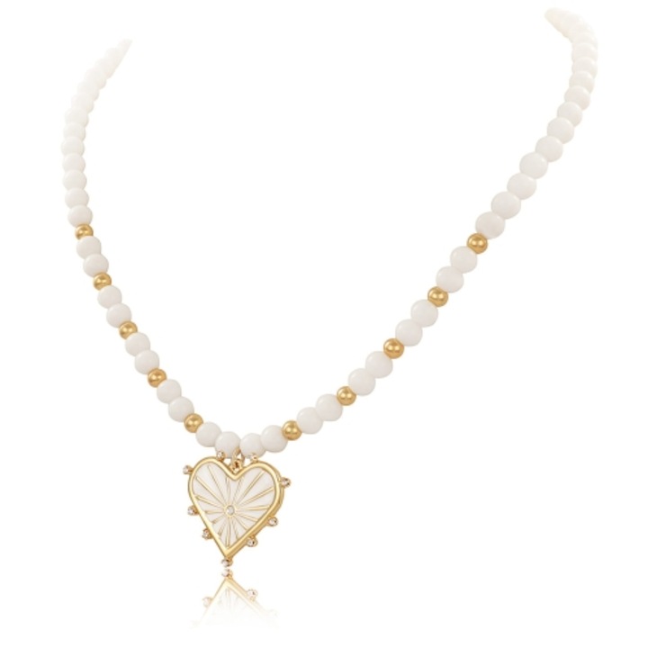 Colier Colibra, model Bella, agat, inima alba cu cristale Preciosa, 44x7cm