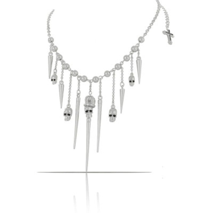 Colier Colibra cu cranii, 35x10cm, elemente decorative cu cristale argintiu