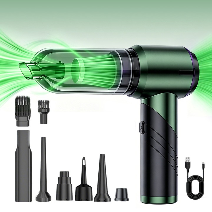 Aspirator Auto Portabil 4 in 1, De Mana, pliabil, Umed / Uscat,9 Accesorii,16000Pa,100W, Aspirare, Suflare, Vidare, Umflare, 3 Viteze, Acumulator 6000 mAh, 80000 RPM, Incarcare USB Type-C, Filtru HEPA, Aspirator Multi-Suprafete, Masina, Casa, Verde