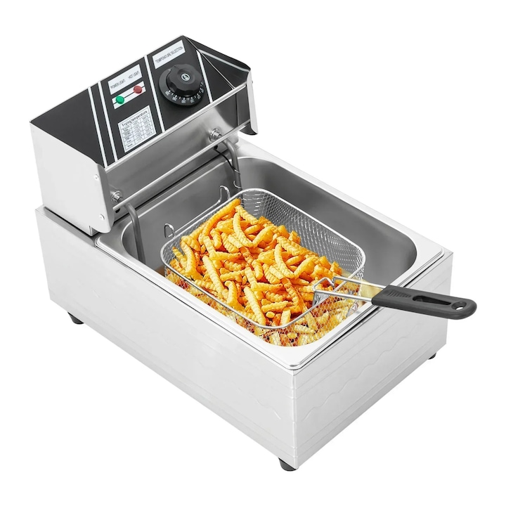 Friteuza profesionala, Friteuza electrica de blat 6 L, 2, 5 kW, 220 V 50 Hz, Termostat 60–200 °C, Otel inoxidabil 410/201, Cu vas si capac, Galben deschis