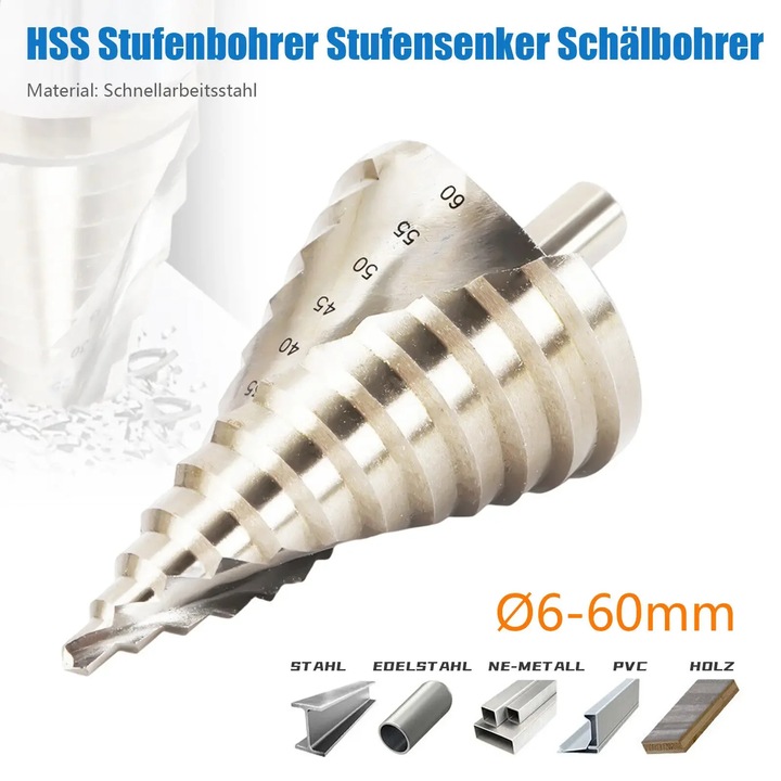 Burghiu treptat, Burghiu conic, Caneluri spiralate, Diametru 6–60 mm, 12 Trepte, Pentru otel inoxidabil, Tija 11, 5 mm, Argintiu