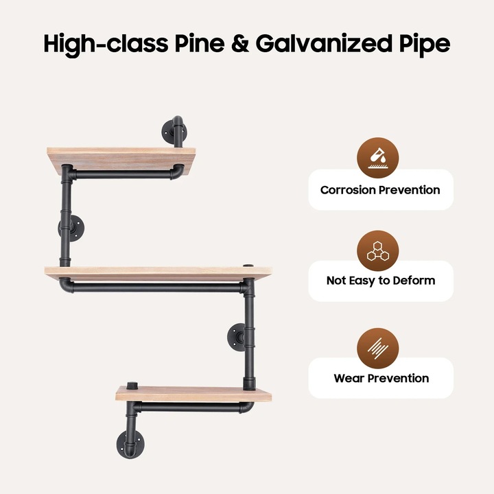 Raft cu tevi industrial, raft de perete cu 3 niveluri, lemn masiv & metal, raft plutitor, stil vintage, negru