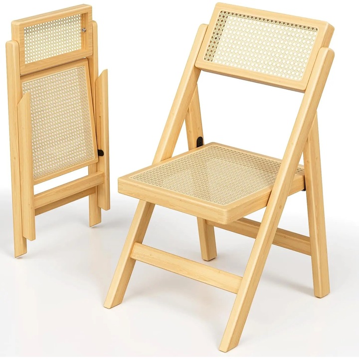 Scaun pliant din lemn cu ratan, Scaun de gradina, Spatar reglabil, Exterior, Retro vintage, Fara brate, 1 bucata, Verde militar