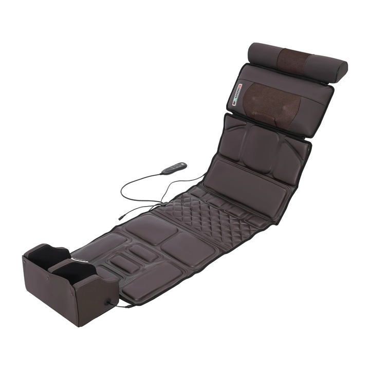 Saltea de masaj electrica pentru scaun, husa spatar & sezut, incalzire infrarosu, vibratii corp intreg, gat & lombar, piele & burete, bej nisipiu