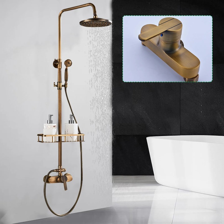 Set de dus, Sistem tip ploaie, Dubla iesire de apa, Dus superior rotativ 360°, Raft de depozitare, Stil vintage, Alama, Bronz