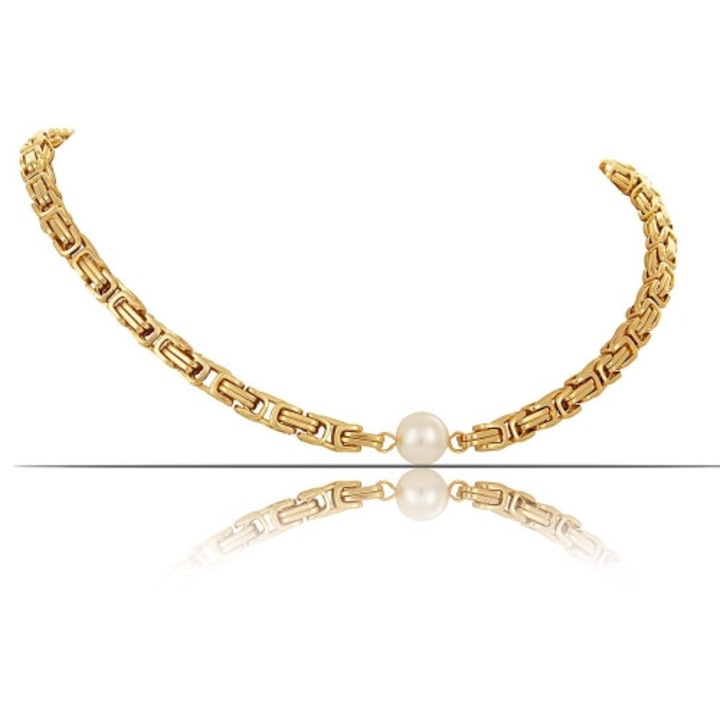 Colier Colibra cu impletitura regala, perla, auriu, 46x7cm