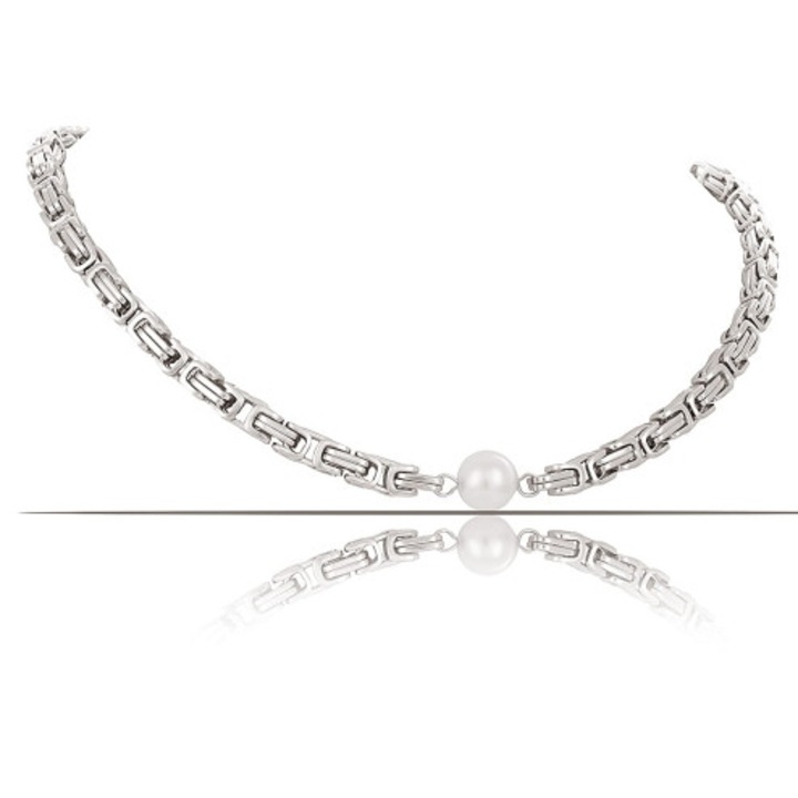 Colier Colibra cu impletitura regala si perla, 46cm + 7cm extensie, argintat