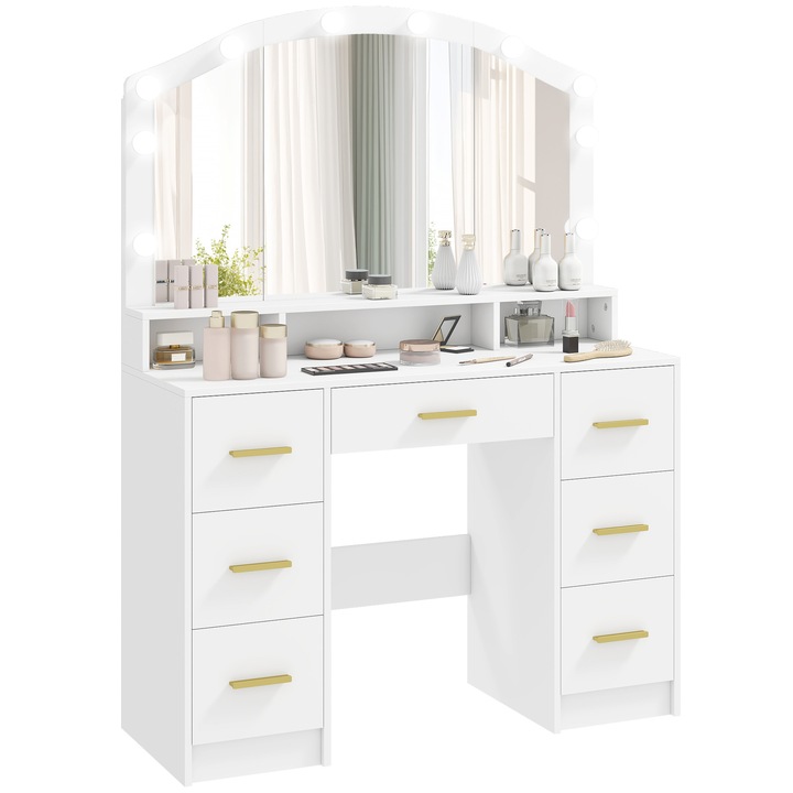 Masa de machiaj cu oglinda, Masuta de toaleta, 10 LED-uri 3 culori, 7 sertare, 3 compartimente, Modern, Pentru dormitor/living, Alb