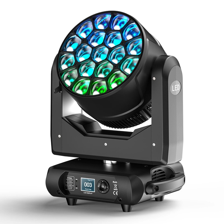LED Bee Eye Beam Wash, proiector Moving Head, 19x40W, Zoom, DMX512/RDM, 22/36 canale, 90–240V, 700W, Lumina calda