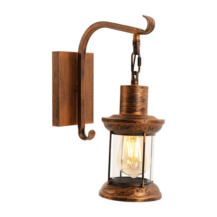 Vintage Industrial Rustic, Aplica de perete, E27, Bec neinclus, Abajur din sticla transparenta, O sursa de lumina, 220 V DC, 3–5 m², Maro