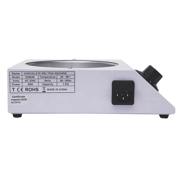 Masina electrica de temperare pentru ciocolata, Topitor de ciocolata, Temperatura reglabila 30–85 °C, Putere 40 W, AC 220–230 V, 50–60 Hz, Un Vas, Negru