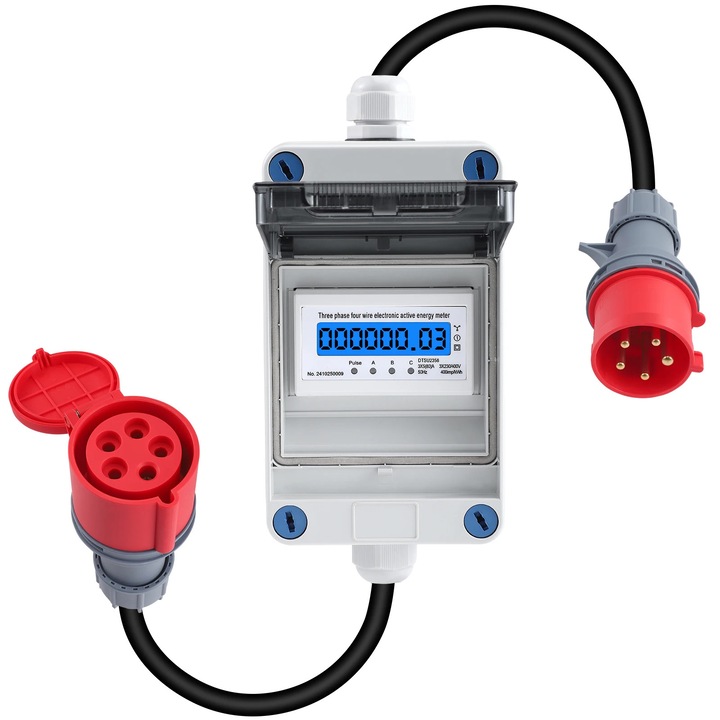Contor de energie portabil, Contor kWh digital CEE 16 A, 440 V, IP44 rezistent la apa, Fisa industriala, Afisaj LED, Exterior, Alb
