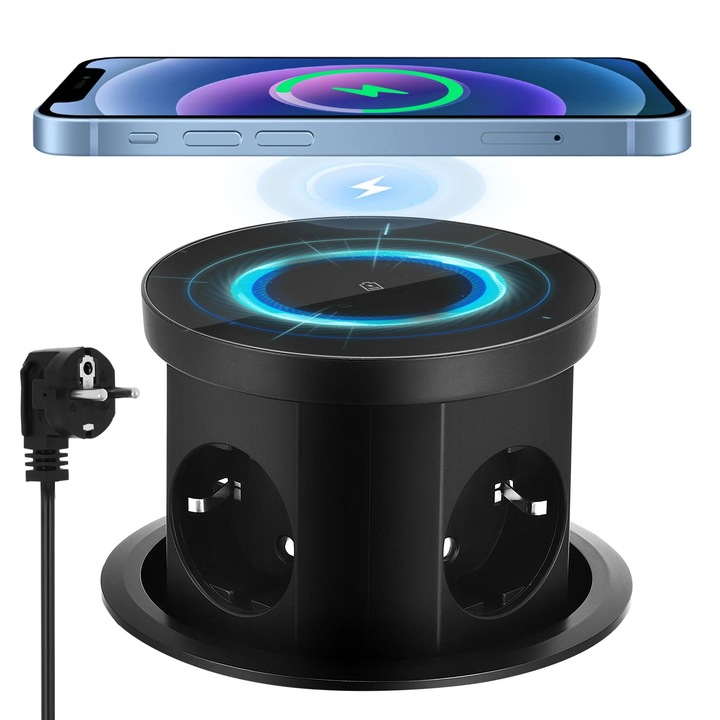 Priza electrica pop up in blat, Doza de masa motorizata incastrata, Prize EU, Porturi USB, Incarcare wireless, 220V, Negru