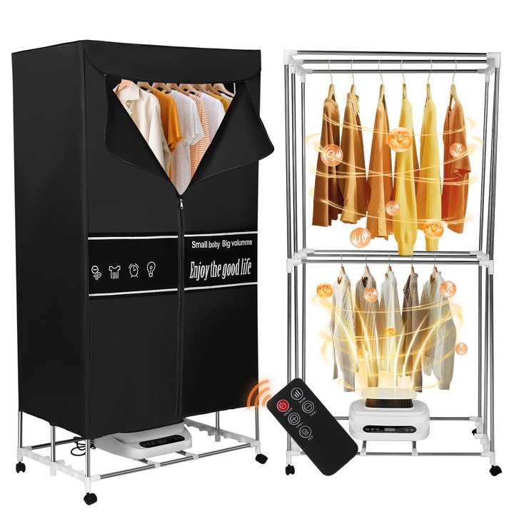 Uscator de haine, Masina de uscat pliabila electrica, 2000 W, Capacitate mare, Telecomanda, Temporizator, Uscare rapida